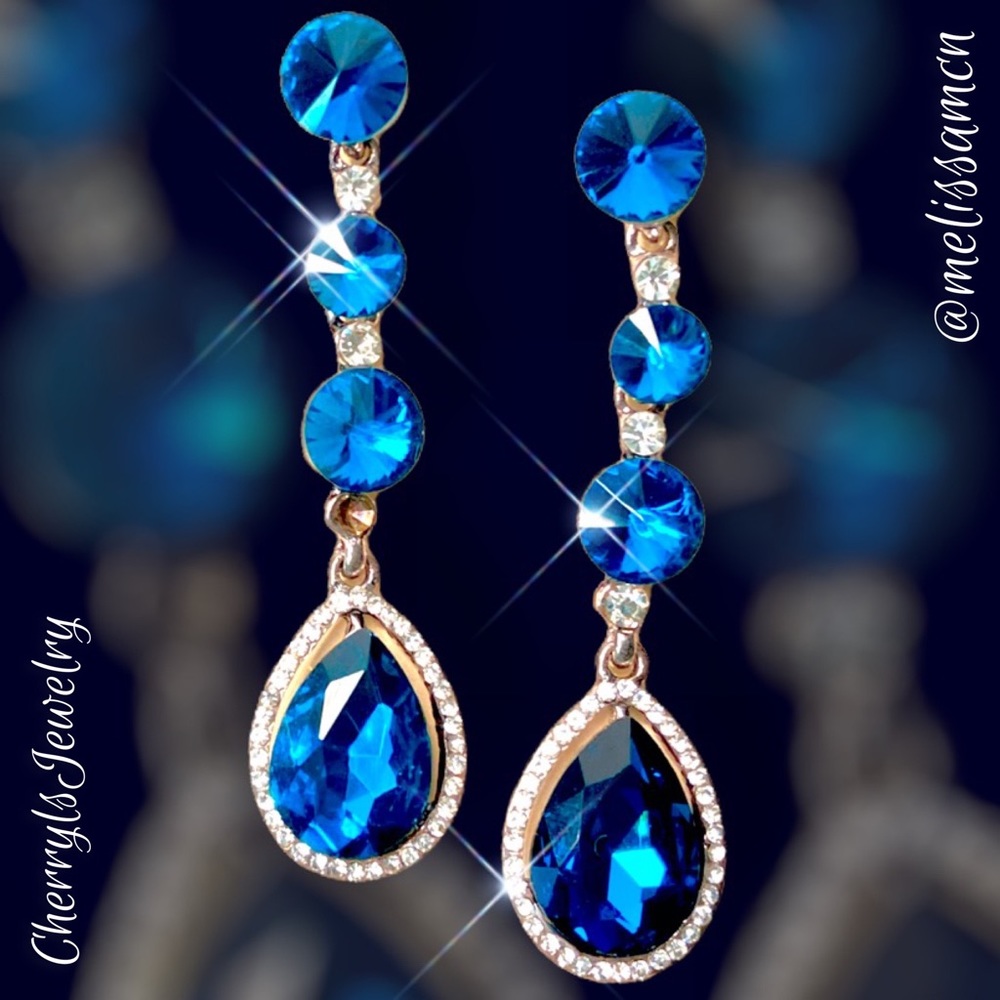 Sparkly Blue/Teal Crystal Drop Earrings Prom Pageant Formal